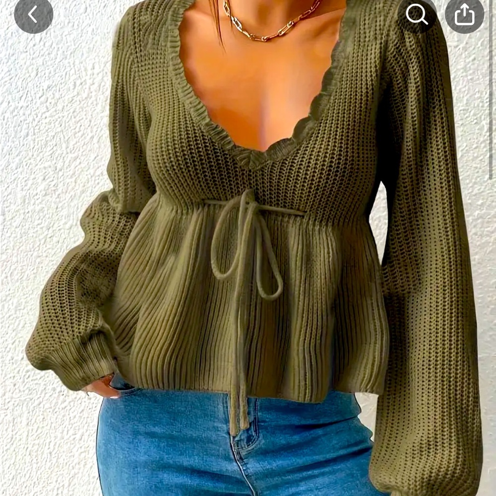 Scallop Trim Plunge Neck Sweater with Lantern Sleeves and Drawstring Waist